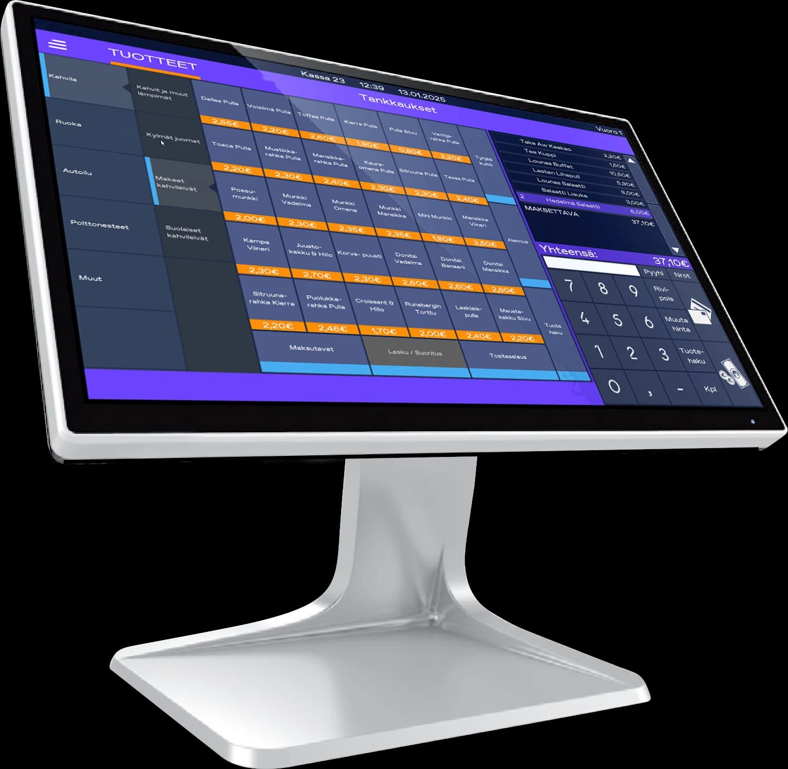 OPEN POS terminal on a white stand, showing the product grid and keypad